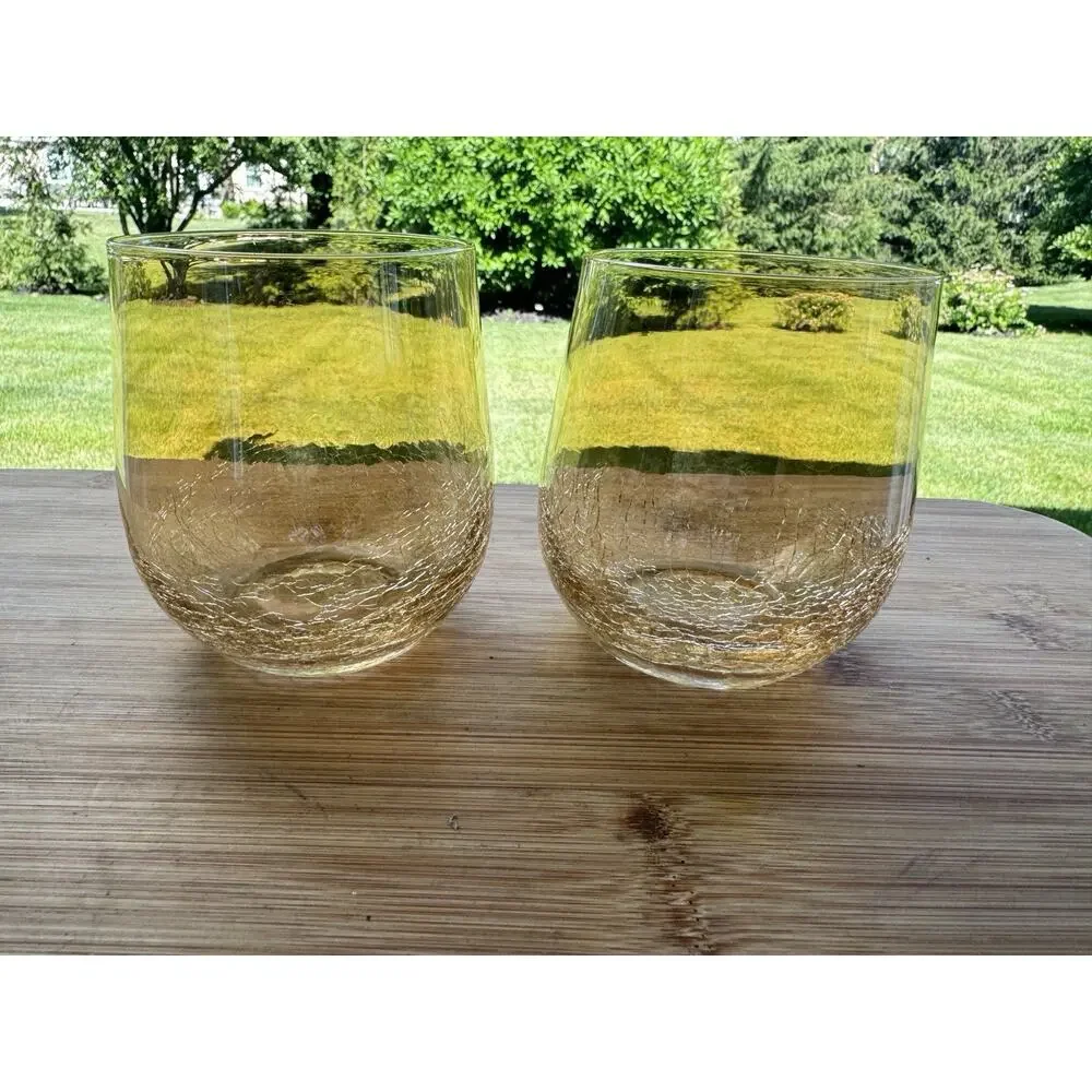 Pier 1 Amber Crackle Golden Luster Stemless Wine / Lowball Tumbler Glass~ 2 Pc